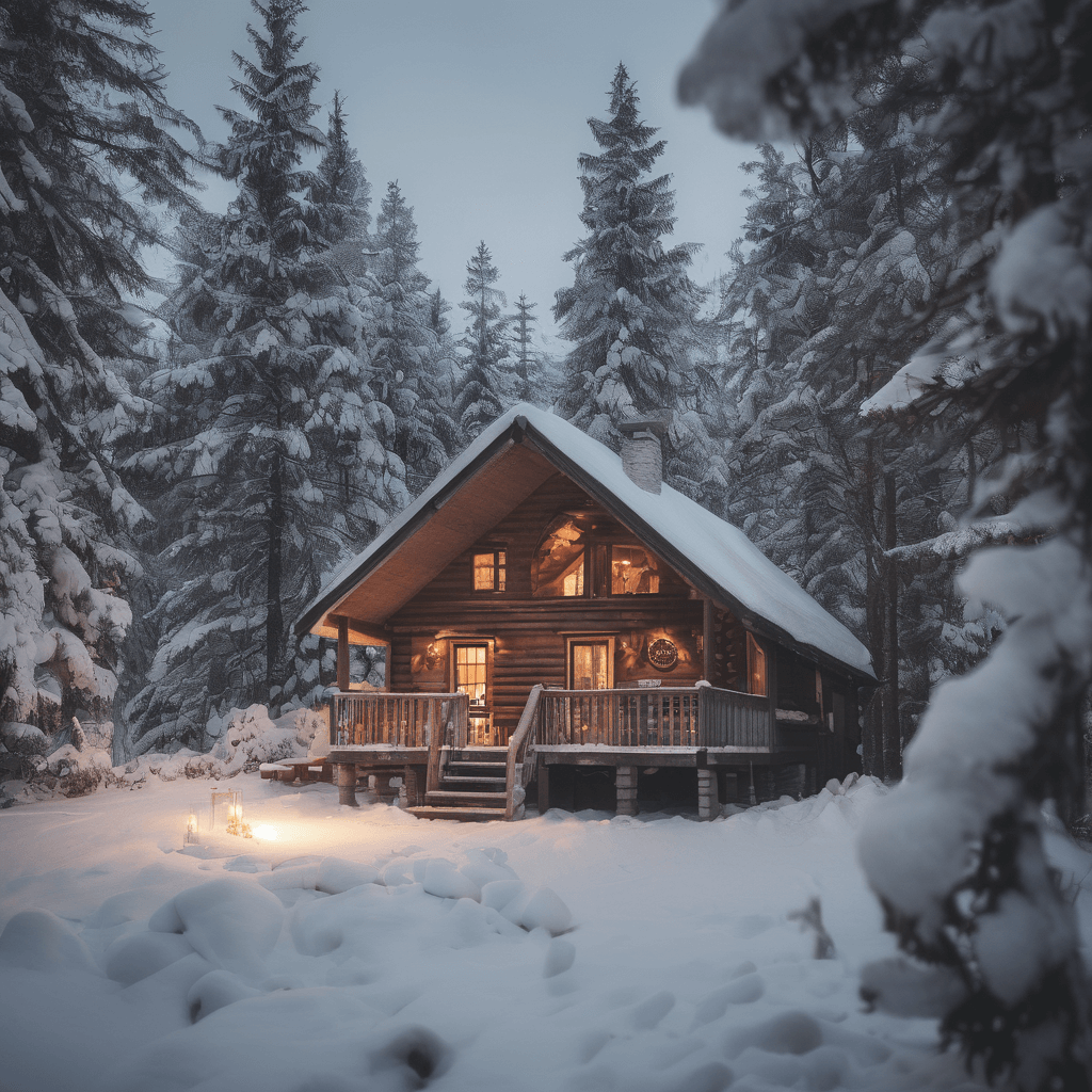 A cozy cabin nestled in a snowy forest