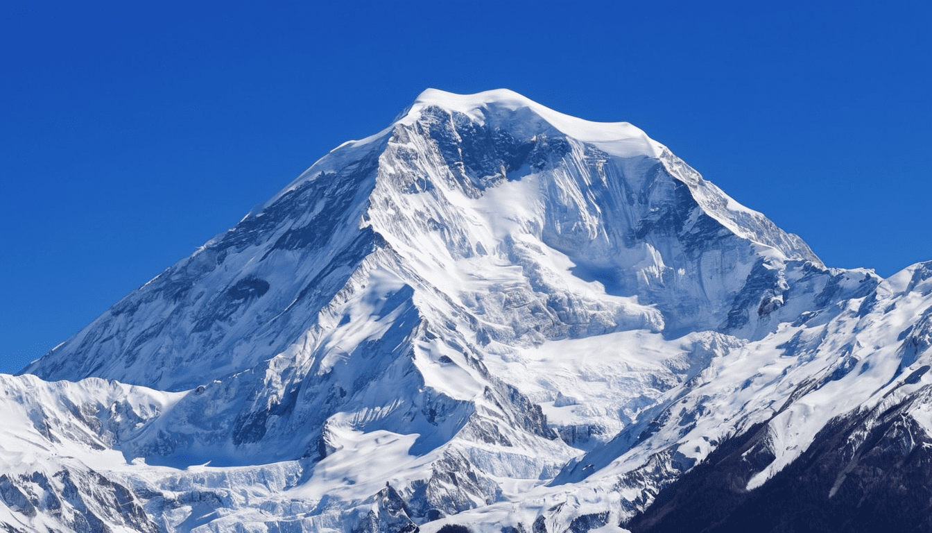 Document the majestic grandeur of a snow-capped mountain peak against a clear blue sky.