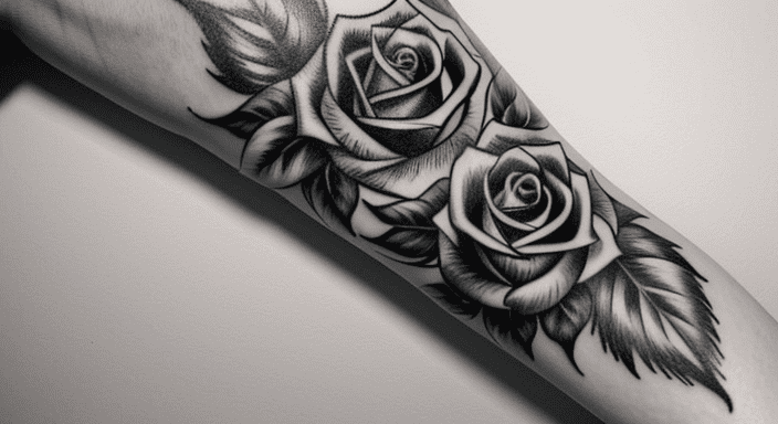 Design of a rose tattoo in monochrome black and white. It is envisioned on biceps, marked and distinct, yet exotic.