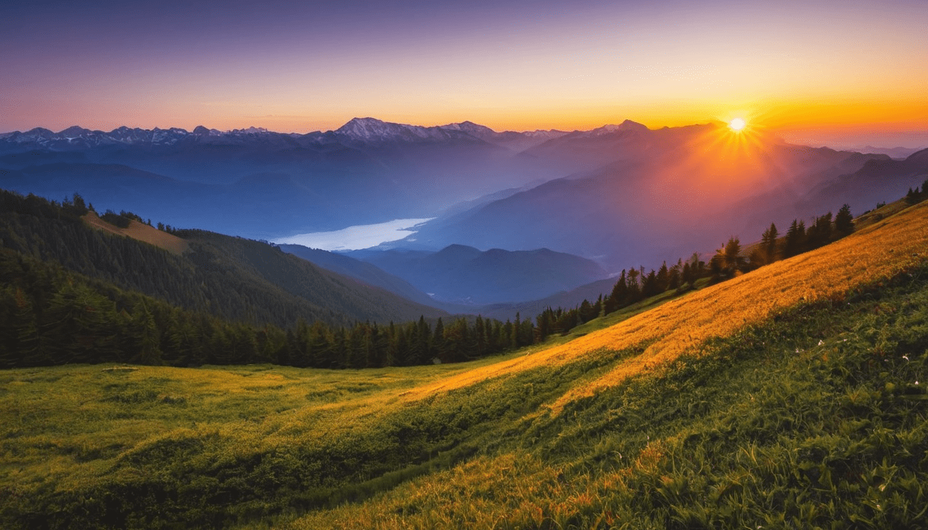 Capture the breathtaking beauty of a sunrise over a serene mountain landscape.