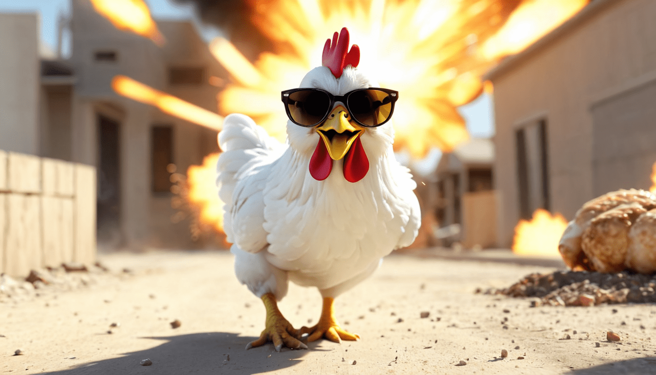 Background, (solo:1.2),1 chicken walk towards to viewer, (explosion)1.5 behind, focus to chickin,sunglass.