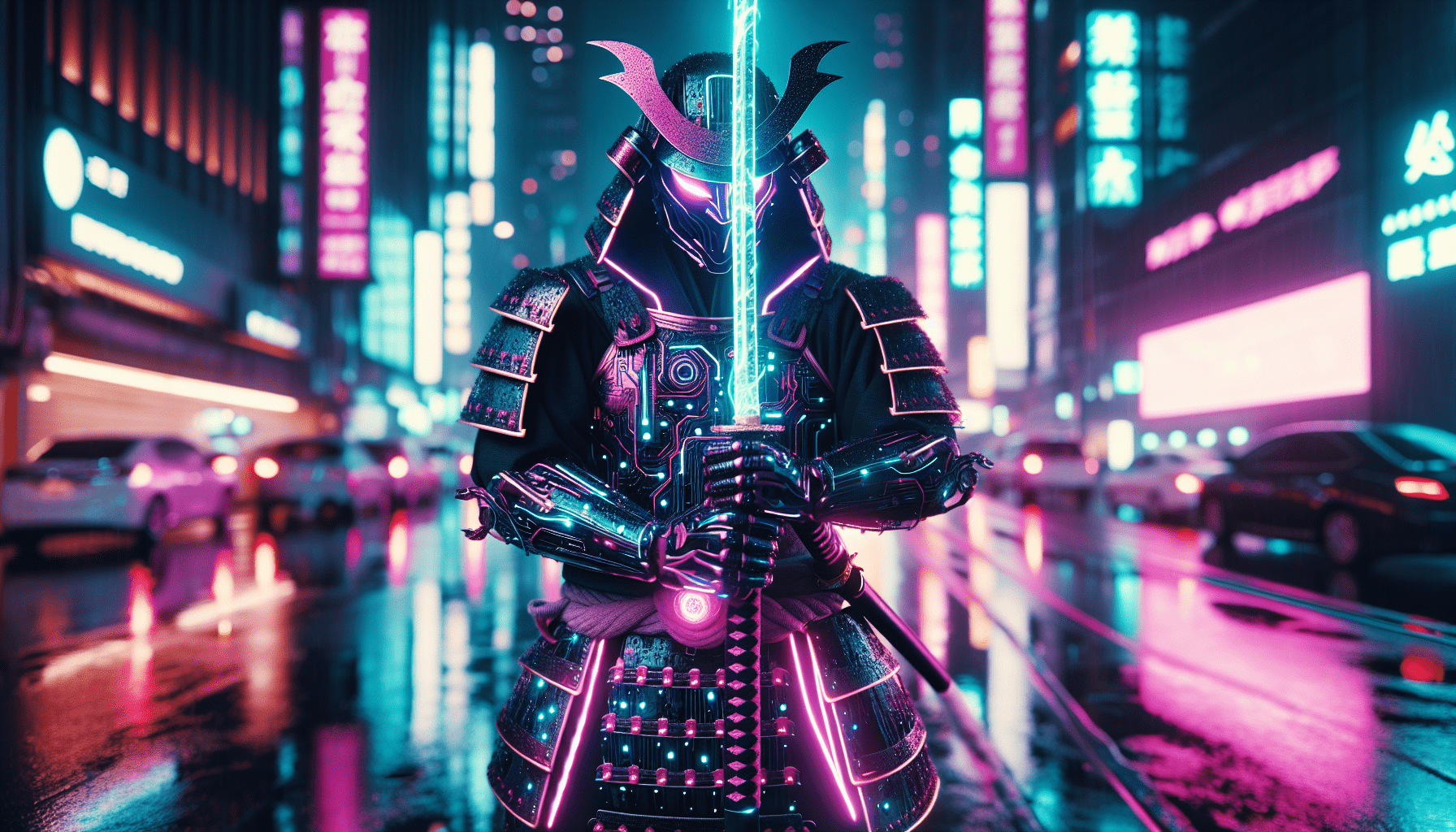 Cyberpunk samurai, neon pink glow, glowing sword