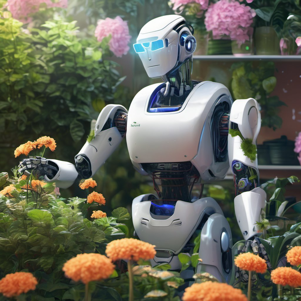 A photorealistic portrait of a robot gardener caring for a garden of electronic flowers.