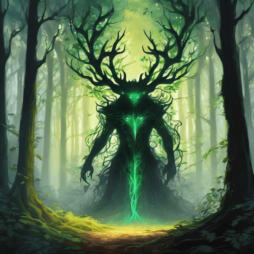 Envision a close-up scene of an ethereal forest entity. It possesses appendages, similar to tree leaves, that are beautifully outlined with veins pulsating with light. Set within the greenery are its eyes, radiating a deep, mystical glow, mysterious and inviting. The overall image has a vivid contrast between the bright highlights caused by the glowing components and the deep shadows concealing parts of the forest spirit, creating a sense of depth and intrigue.