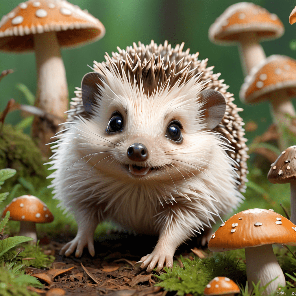 Hedgehog, fast, nimble, mushrooms in background, cute:1.3, highly detailed.